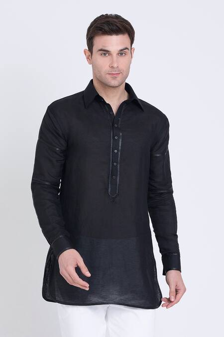 Arun Verma Black Linen Embroidery Placket Shirt Online at Aza Fashions Arun Verma_Black Linen Embroidery Placket Shirt _Online_at_Aza_Fashions
