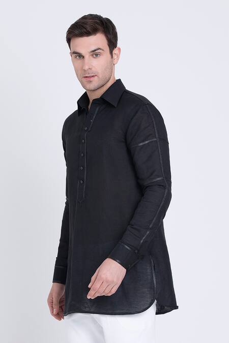 Shop Arun Verma Black Linen Embroidery Placket Shirt Online at Aza Fashions Shop_Arun Verma_Black Linen Embroidery Placket Shirt _Online_at_Aza_Fashions