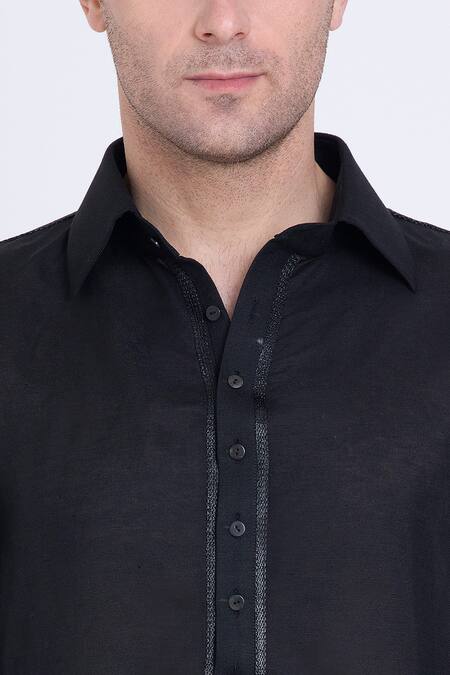 Arun Verma Black Linen Embroidery Placket Shirt at Aza Fashions Arun Verma_Black Linen Embroidery Placket Shirt _at_Aza_Fashions