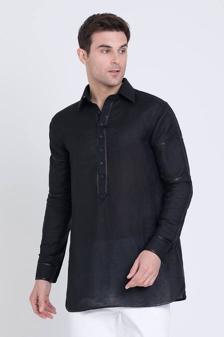 Buy Arun Verma Black Linen Embroidery Placket Shirt Buy_Arun Verma_Black Linen Embroidery Placket Shirt