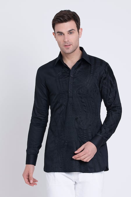 Buy_Arun Verma_Black Cotton Satin Embroidery Resham Shirt _Online_at_Aza_Fashions