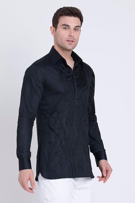 Shop_Arun Verma_Black Cotton Satin Embroidery Resham Shirt _Online_at_Aza_Fashions