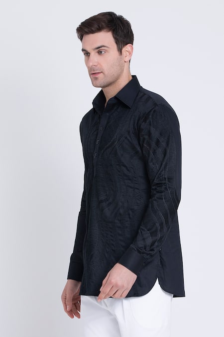 Arun Verma_Black Cotton Satin Embroidery Resham Shirt _at_Aza_Fashions