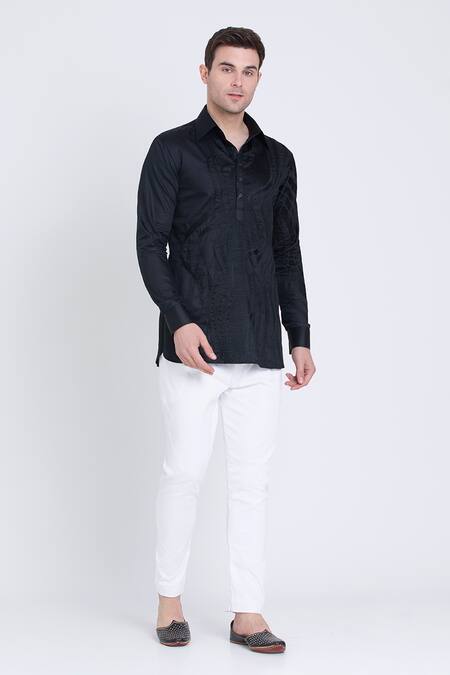 Buy_Arun Verma_Black Cotton Satin Embroidery Resham Shirt 
