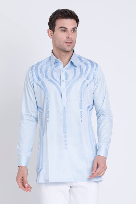 Arun Verma_Blue Cotton Satin Embroidery Geometric Patchwork Shirt _Online_at_Aza_Fashions