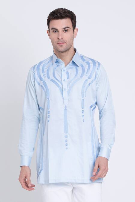 Arun Verma_Blue Cotton Satin Embroidery Geometric Patchwork Shirt _at_Aza_Fashions