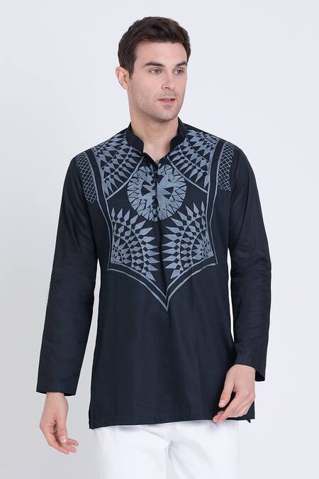 Arun Verma Black Cotton Satin Embroidery Resham Patchwork Shirt Online at Aza Fashions Arun Verma_Black Cotton Satin Embroidery Resham Patchwork Shirt _Online_at_Aza_Fashions