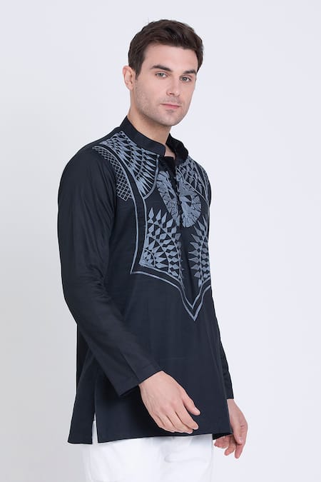 Shop Arun Verma Black Cotton Satin Embroidery Resham Patchwork Shirt Online at Aza Fashions Shop_Arun Verma_Black Cotton Satin Embroidery Resham Patchwork Shirt _Online_at_Aza_Fashions