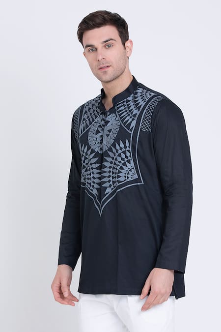 Arun Verma Black Cotton Satin Embroidery Resham Patchwork Shirt at Aza Fashions Arun Verma_Black Cotton Satin Embroidery Resham Patchwork Shirt _at_Aza_Fashions
