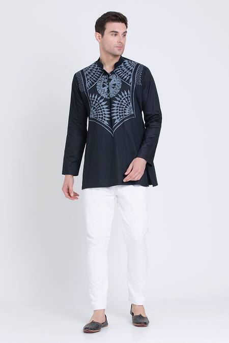 Shop Arun Verma Black Cotton Satin Embroidery Resham Patchwork Shirt Shop_Arun Verma_Black Cotton Satin Embroidery Resham Patchwork Shirt