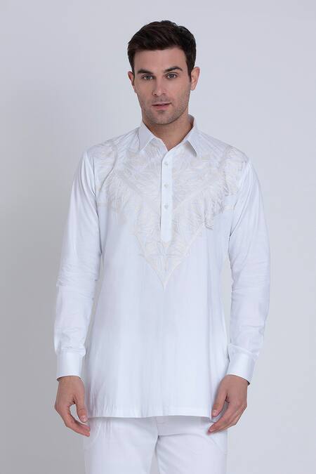 Arun Verma_White Cotton Satin Embroidery Geometric Yoke Shirt _Online_at_Aza_Fashions