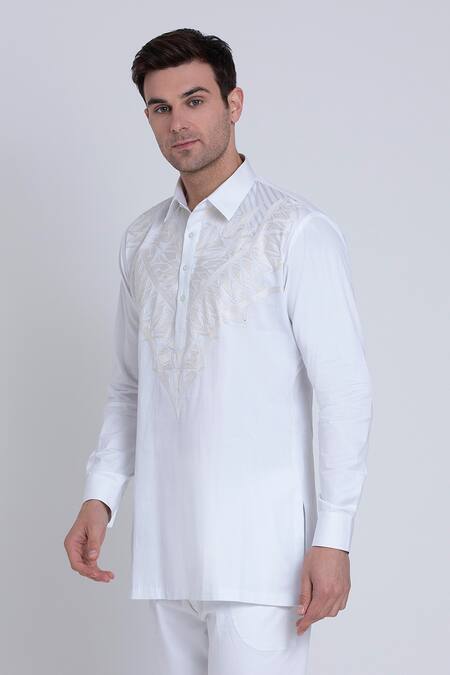 Buy_Arun Verma_White Cotton Satin Embroidery Geometric Yoke Shirt _Online_at_Aza_Fashions