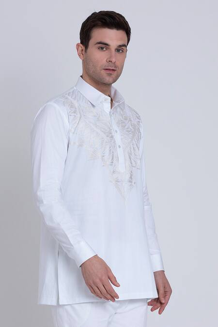 Shop_Arun Verma_White Cotton Satin Embroidery Geometric Yoke Shirt _Online_at_Aza_Fashions