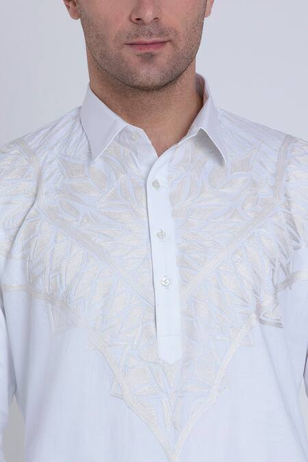 Arun Verma_White Cotton Satin Embroidery Geometric Yoke Shirt _at_Aza_Fashions
