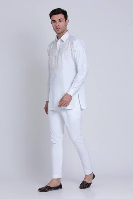Buy_Arun Verma_White Cotton Satin Embroidery Geometric Yoke Shirt 