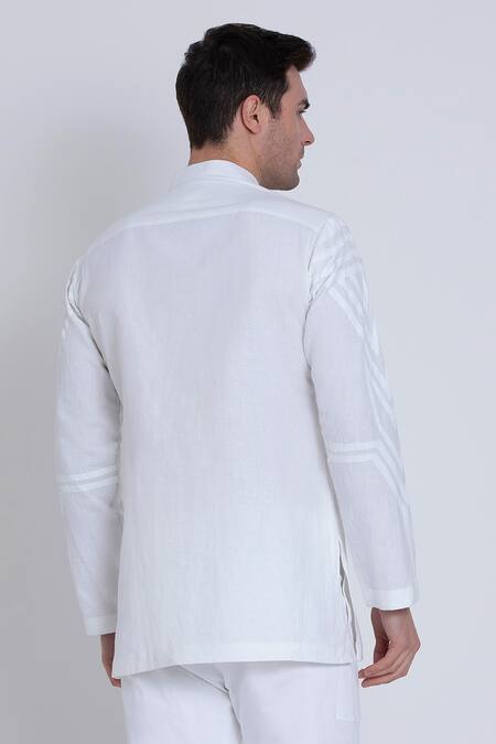 Shop_Arun Verma_White Cotton Satin Embroidery Geometric Yoke Shirt 