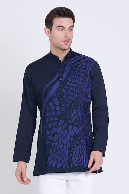 Arun Verma Blue Cotton Satin Embroidery Resham Applique Shirt Online at Aza Fashions Arun Verma_Blue Cotton Satin Embroidery Resham Applique Shirt _Online_at_Aza_Fashions