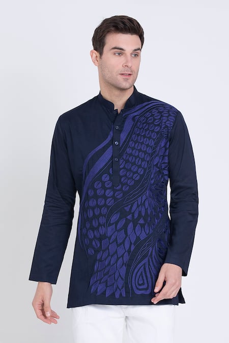 Buy Arun Verma Blue Cotton Satin Embroidery Resham Applique Shirt Online at Aza Fashions Buy_Arun Verma_Blue Cotton Satin Embroidery Resham Applique Shirt _Online_at_Aza_Fashions