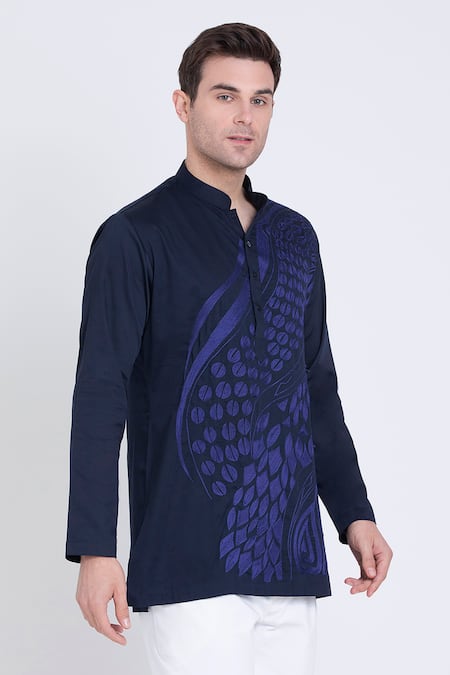 Shop Arun Verma Blue Cotton Satin Embroidery Resham Applique Shirt Online at Aza Fashions Shop_Arun Verma_Blue Cotton Satin Embroidery Resham Applique Shirt _Online_at_Aza_Fashions