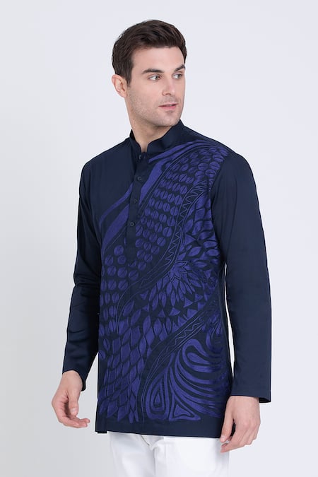 Arun Verma Blue Cotton Satin Embroidery Resham Applique Shirt at Aza Fashions Arun Verma_Blue Cotton Satin Embroidery Resham Applique Shirt _at_Aza_Fashions