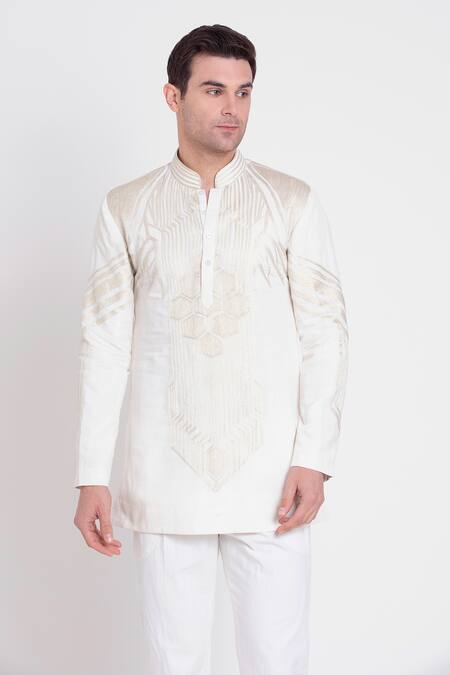 Arun Verma_Ivory Silk Embroidery Resham Kurta And Pant Set _Online_at_Aza_Fashions
