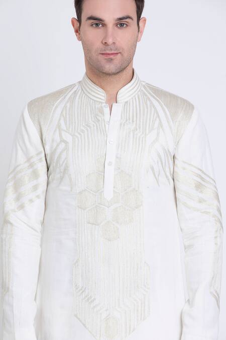 Arun Verma_Ivory Silk Embroidery Resham Kurta And Pant Set _at_Aza_Fashions
