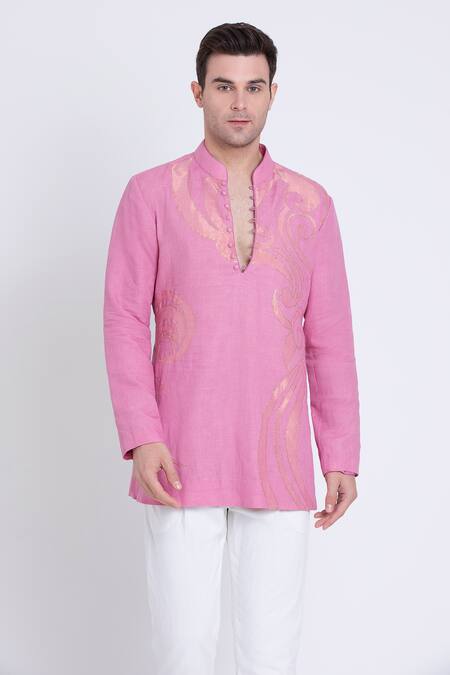 Arun Verma_Pink Linen Embroidery Geometric Applique Work Kurta With Pant _Online_at_Aza_Fashions