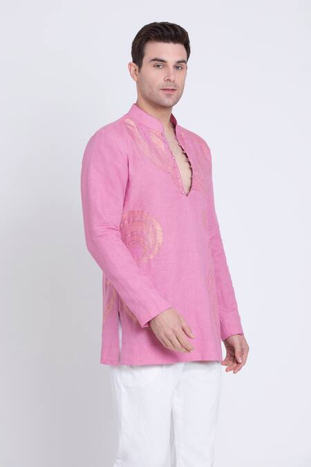Buy_Arun Verma_Pink Linen Embroidery Geometric Applique Work Kurta With Pant _Online_at_Aza_Fashions