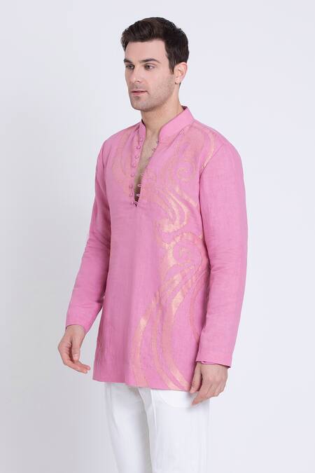 Shop_Arun Verma_Pink Linen Embroidery Geometric Applique Work Kurta With Pant _Online_at_Aza_Fashions