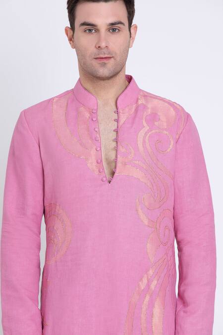 Arun Verma_Pink Linen Embroidery Geometric Applique Work Kurta With Pant _at_Aza_Fashions