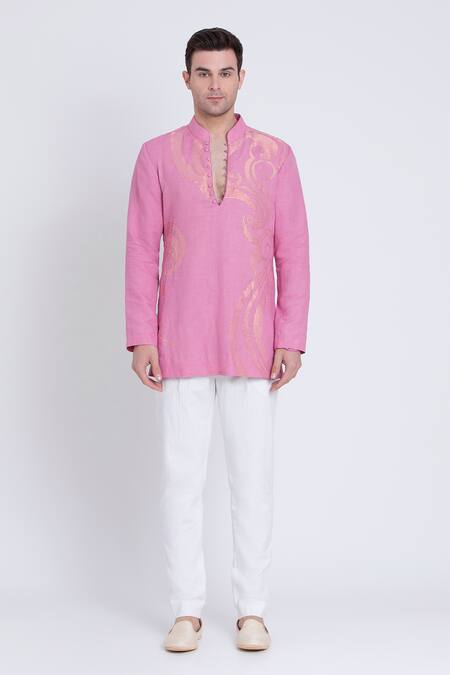 Buy_Arun Verma_Pink Linen Embroidery Geometric Applique Work Kurta With Pant 