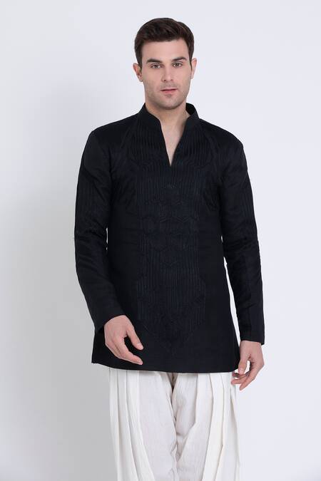 Arun Verma_Black Linen, Cotton Applique Geometric Embroidered Kurta With Patiyala _Online_at_Aza_Fashions