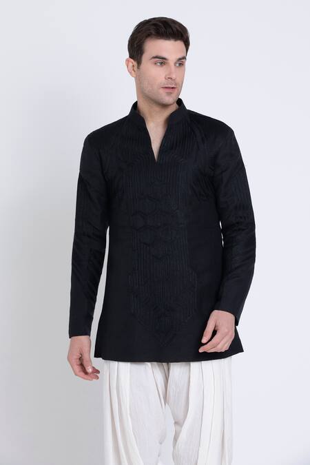Buy_Arun Verma_Black Linen, Cotton Applique Geometric Embroidered Kurta With Patiyala _Online_at_Aza_Fashions