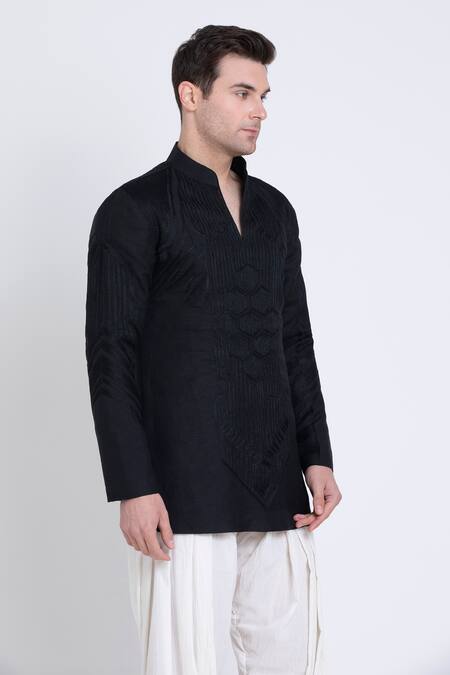 Shop_Arun Verma_Black Linen, Cotton Applique Geometric Embroidered Kurta With Patiyala _Online_at_Aza_Fashions