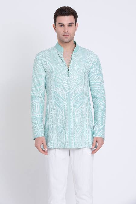 Arun Verma_Green Silk, Cotton Embroidery Floral Kurta With Pant _Online_at_Aza_Fashions