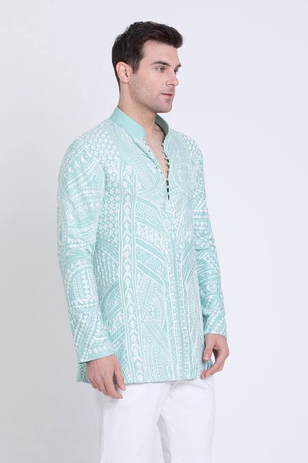 Shop_Arun Verma_Green Silk, Cotton Embroidery Floral Kurta With Pant _Online_at_Aza_Fashions