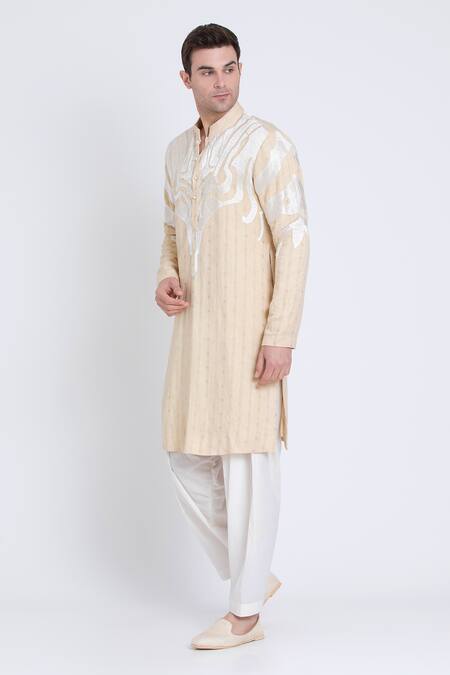Buy Arun Verma Beige Linen Embroidery Geometric Pattern Kurta With Pant Buy_Arun Verma_Beige Linen Embroidery Geometric Pattern Kurta With Pant