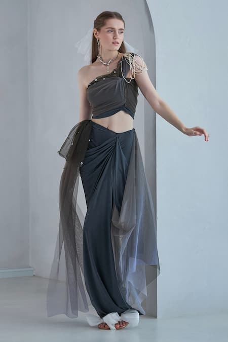 Shop Naina Seth Green Tulle Pearls One Shoulder Embellished Top With Skirt at Aza Fashions Shop_Naina Seth_Green Tulle Pearls One Shoulder Embellished Top With Skirt _at_Aza_Fashions