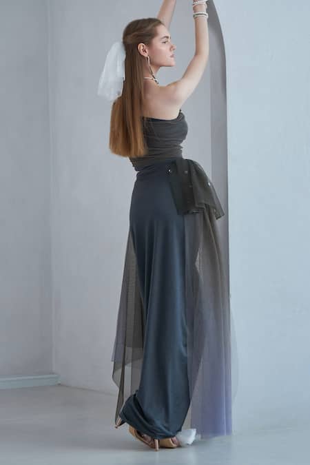 Naina Seth Green Tulle Pearls One Shoulder Embellished Top With Skirt Online at Aza Fashions Naina Seth_Green Tulle Pearls One Shoulder Embellished Top With Skirt _Online_at_Aza_Fashions