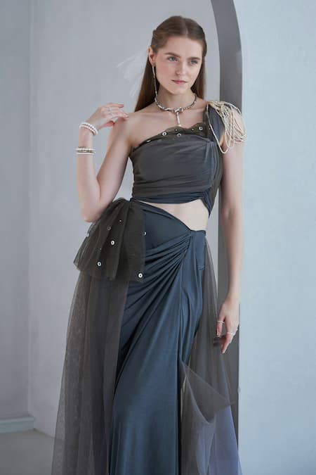 Buy Naina Seth Green Tulle Pearls One Shoulder Embellished Top With Skirt Online at Aza Fashions Buy_Naina Seth_Green Tulle Pearls One Shoulder Embellished Top With Skirt _Online_at_Aza_Fashions