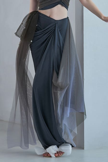 Shop Naina Seth Green Tulle Pearls One Shoulder Embellished Top With Skirt Online at Aza Fashions Shop_Naina Seth_Green Tulle Pearls One Shoulder Embellished Top With Skirt _Online_at_Aza_Fashions