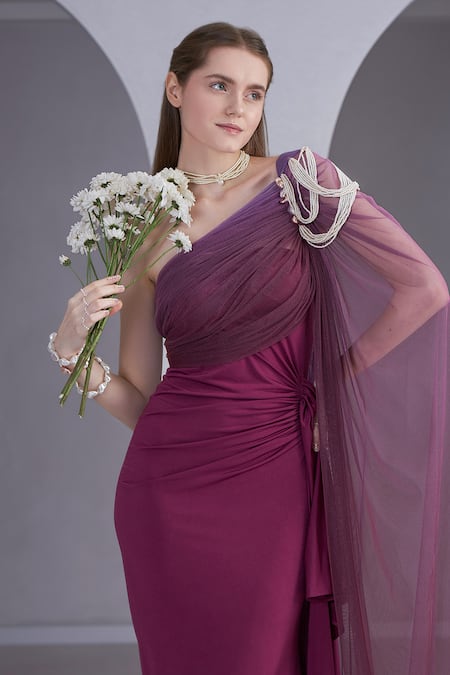 Naina Seth_Magenta Tulle Pearls One Shoulder Embellished Gown _Online_at_Aza_Fashions