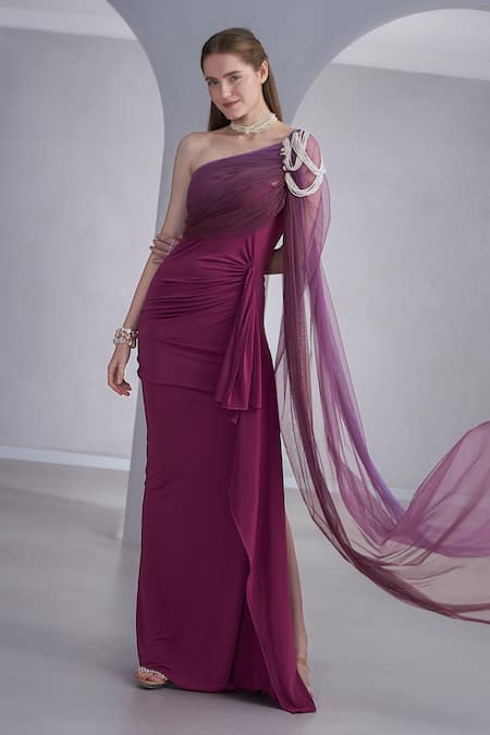 Buy_Naina Seth_Magenta Tulle Pearls One Shoulder Embellished Gown _Online_at_Aza_Fashions
