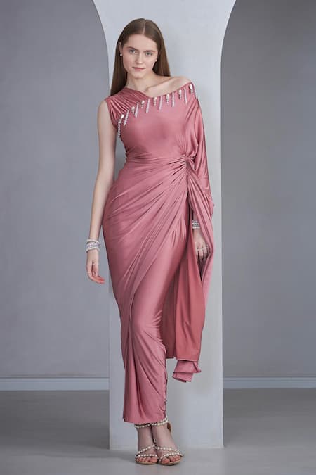 NAINA SETH Pink Stretch Knit Embellished Pearl Asymmetric Tassel Draped Gown 