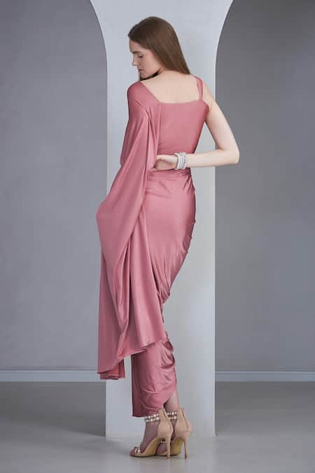 Shop Naina Seth Pink Lycra Pearls Asymmetric Tassel Embellished Draped Gown at Aza Fashions Shop_Naina Seth_Pink Lycra Pearls Asymmetric Tassel Embellished Draped Gown _at_Aza_Fashions