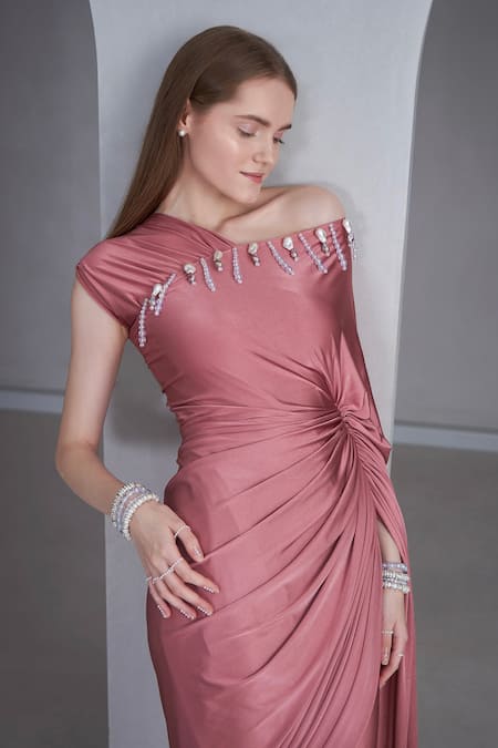 Naina Seth Pink Lycra Pearls Asymmetric Tassel Embellished Draped Gown Online at Aza Fashions Naina Seth_Pink Lycra Pearls Asymmetric Tassel Embellished Draped Gown _Online_at_Aza_Fashions