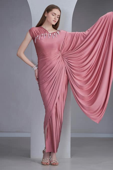 Buy Naina Seth Pink Lycra Pearls Asymmetric Tassel Embellished Draped Gown Online at Aza Fashions Buy_Naina Seth_Pink Lycra Pearls Asymmetric Tassel Embellished Draped Gown _Online_at_Aza_Fashions
