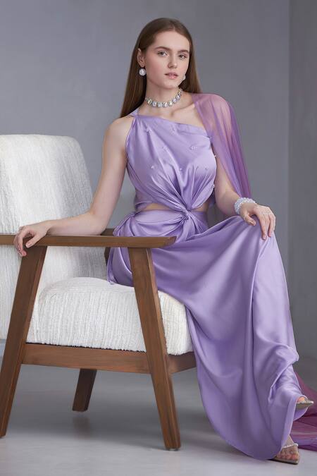 Naina Seth Purple Satin Silk And Tulle Embellished Pearl One Shoulder Cut-out Draped Gown Online at Aza Fashions Naina Seth_Purple Satin Silk And Tulle Embellished Pearl One Shoulder Cut-out Draped Gown _Online_at_Aza_Fashions