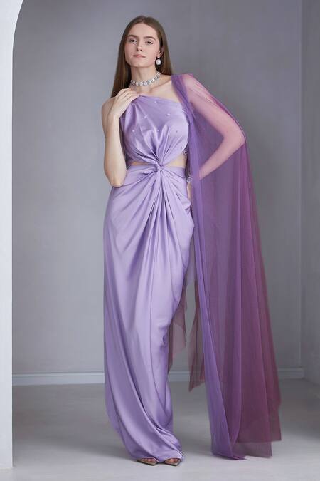 Buy Naina Seth Purple Satin Silk And Tulle Embellished Pearl One Shoulder Cut-out Draped Gown Online at Aza Fashions Buy_Naina Seth_Purple Satin Silk And Tulle Embellished Pearl One Shoulder Cut-out Draped Gown _Online_at_Aza_Fashions