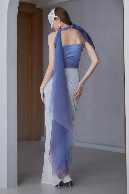 Shop Naina Seth Blue Tulle, Satin, Lace Pearls One Shoulder Draped Top And Skirt Set at Aza Fashions Shop_Naina Seth_Blue Tulle, Satin, Lace Pearls One Shoulder Draped Top And Skirt Set_at_Aza_Fashions